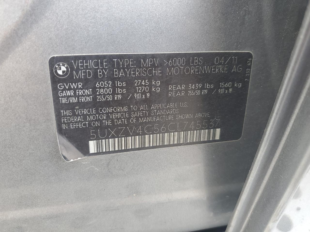 2012 BMW X5 xDrive35I VIN: 5UXZV4C56CL745537 Lot: 64548504