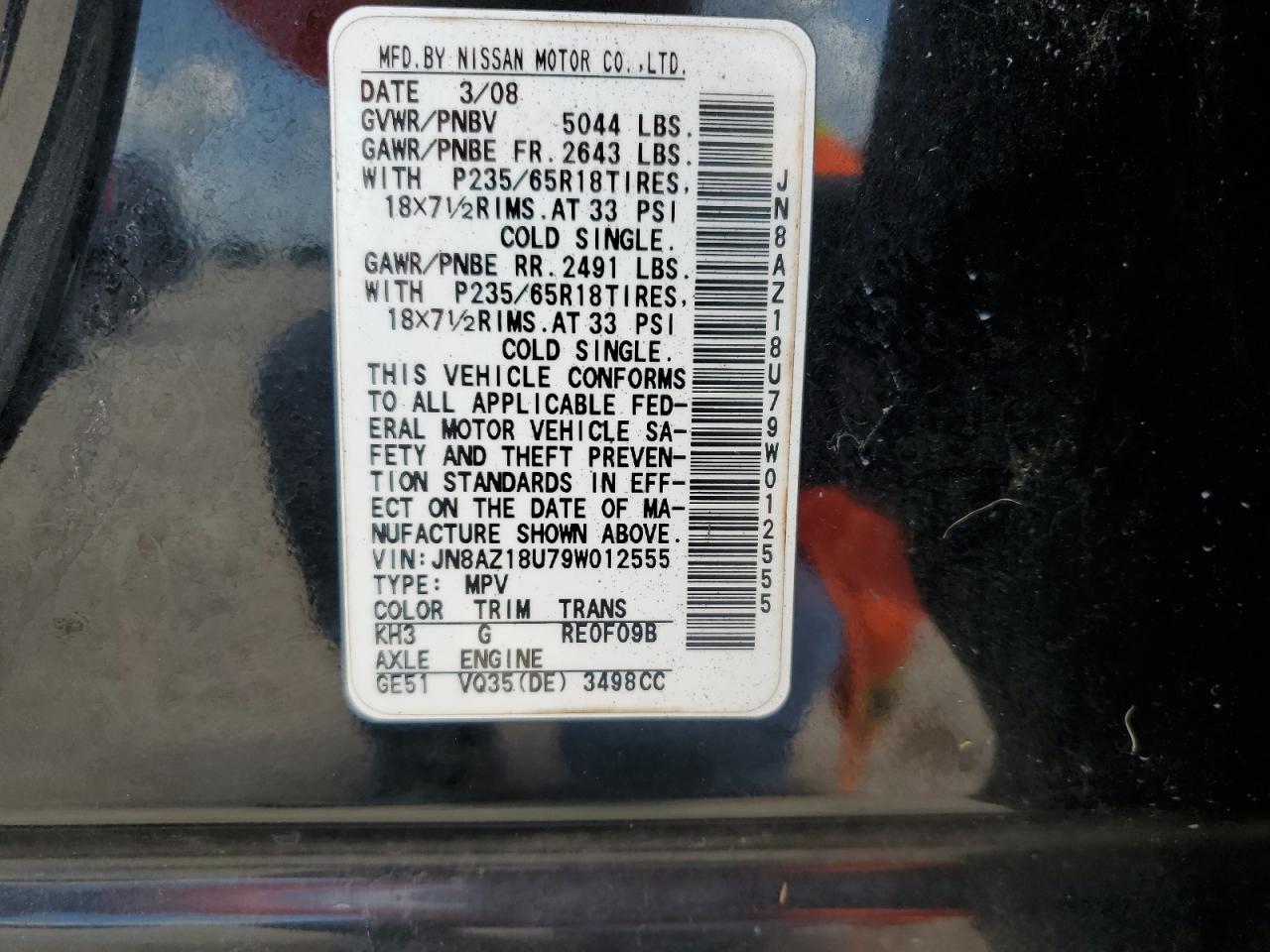 2009 Nissan Murano S VIN: JN8AZ18U79W012555 Lot: 63290084