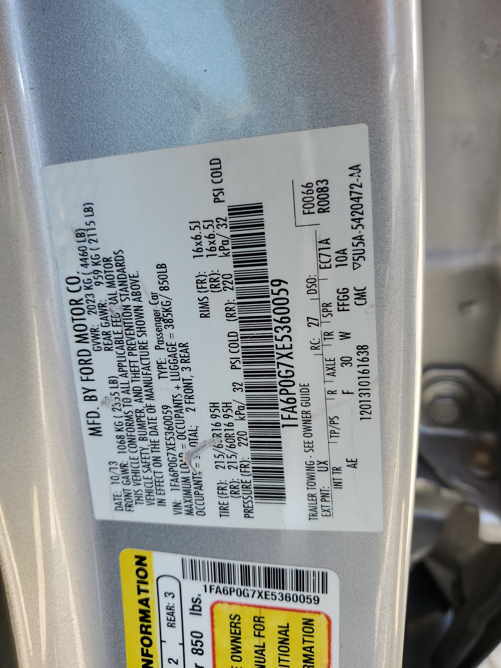 1FA6P0G7XE5360059 2014 Ford Fusion S