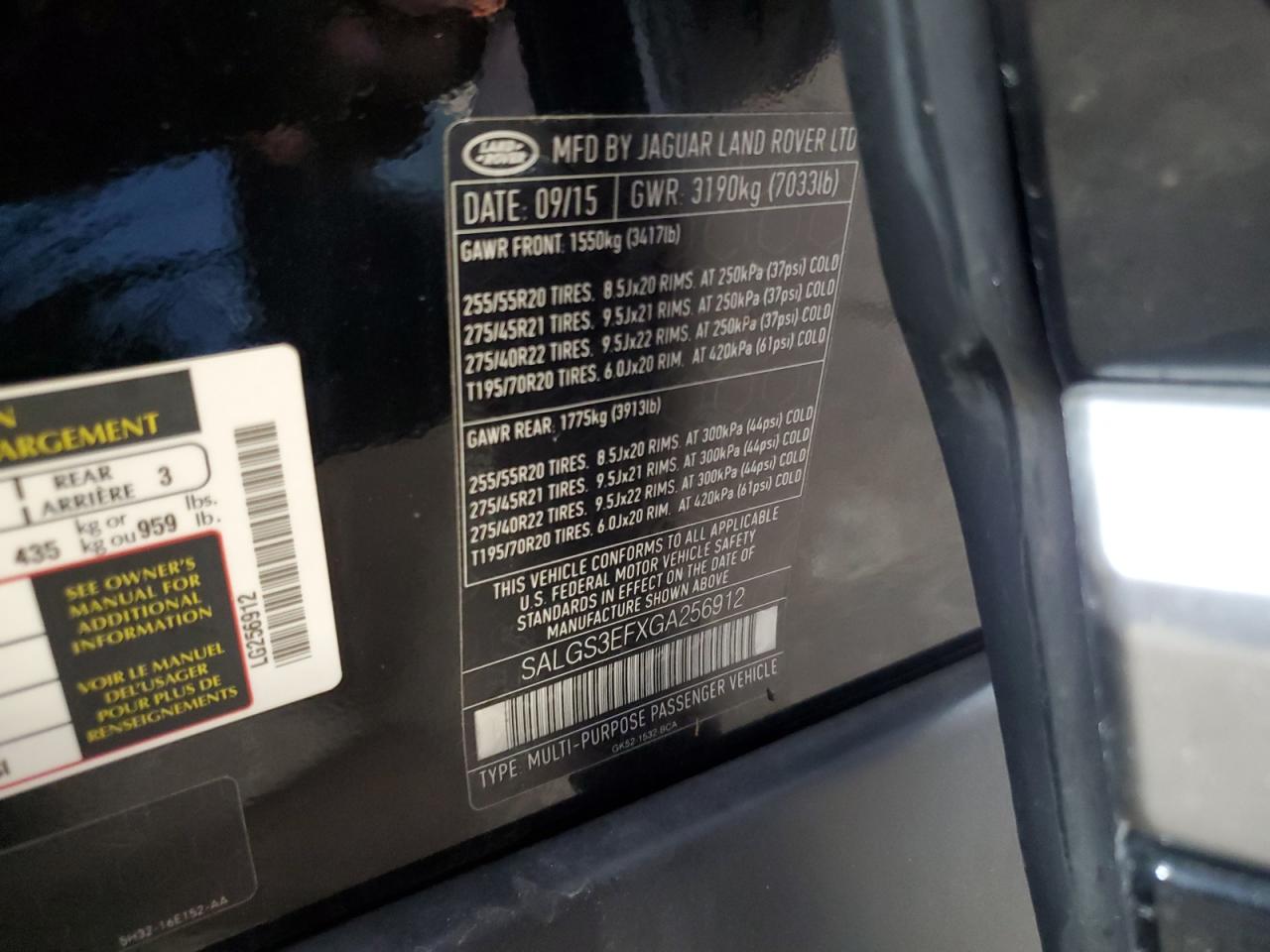 2016 Land Rover Range Rover Supercharged VIN: SALGS3EFXGA256912 Lot: 63030814