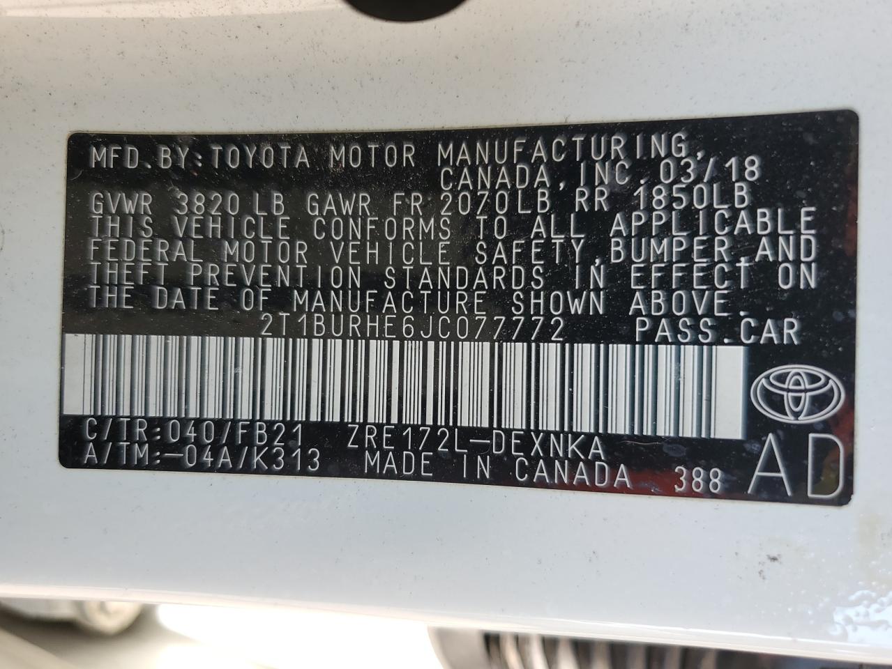 2T1BURHE6JC077772 2018 Toyota Corolla L