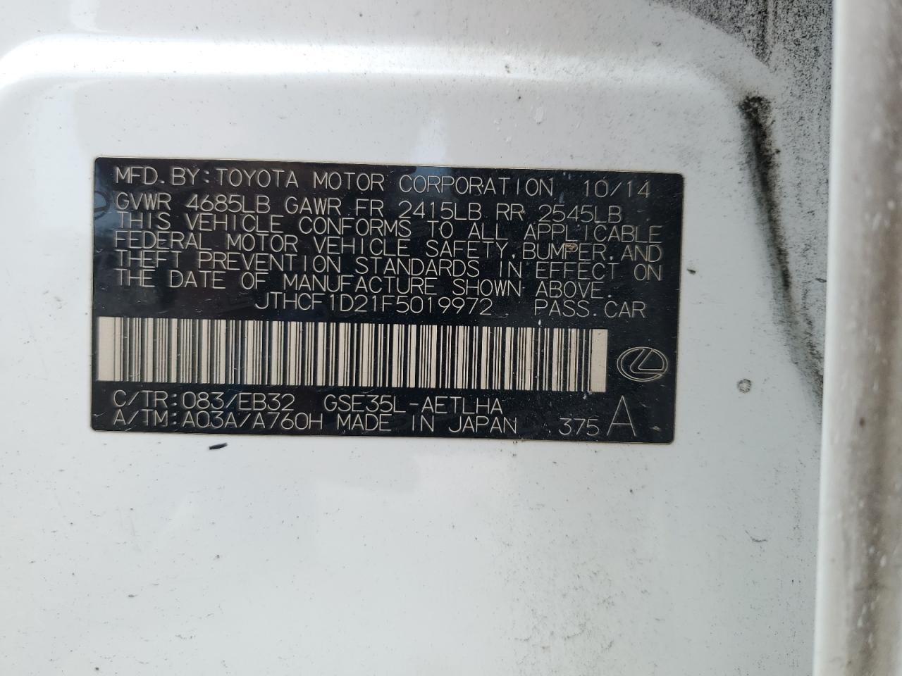 2015 Lexus Is 250 VIN: JTHCF1D21F5019972 Lot: 65320914