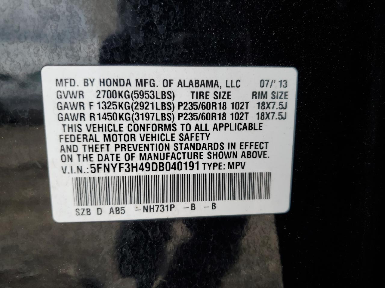 5FNYF3H49DB040191 2013 Honda Pilot Ex