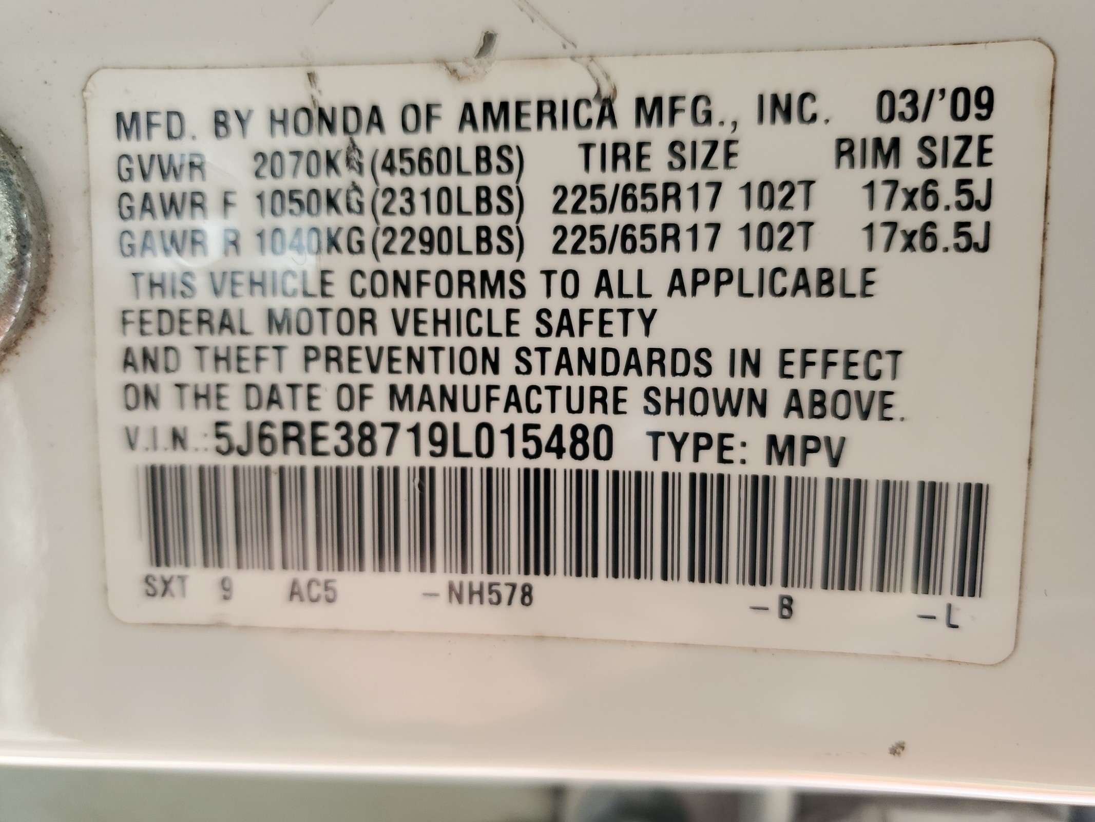 5J6RE38719L015480 2009 Honda Cr-V Exl