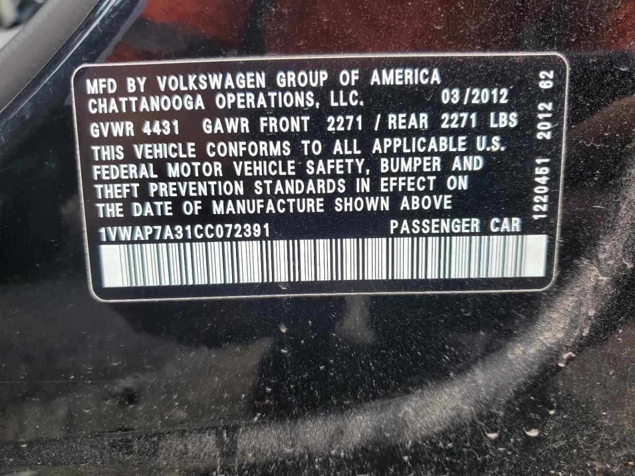 2012 Volkswagen Passat S VIN: 1VWAP7A31CC072391 Lot: 64001834