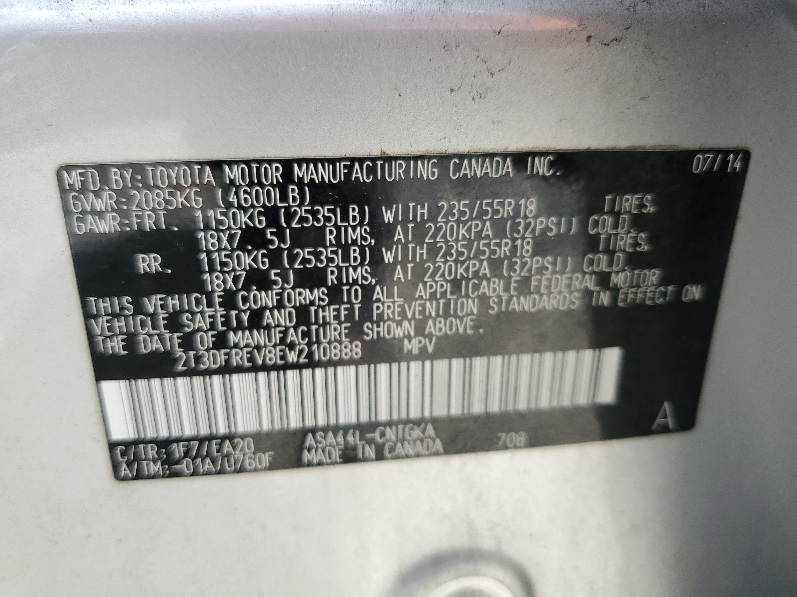 2T3DFREV8EW210888 2014 Toyota Rav4 Limited