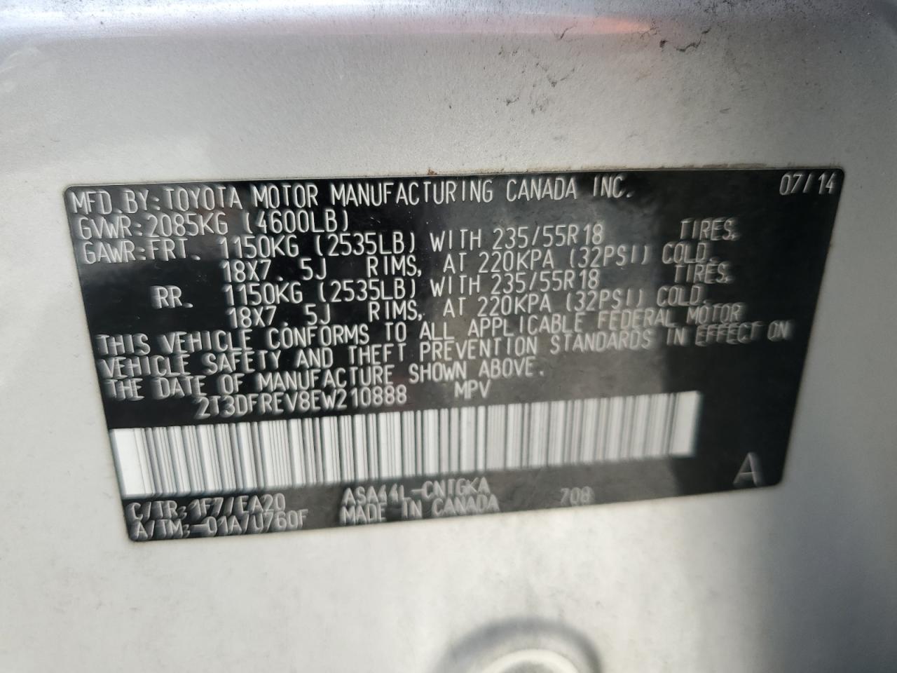 2014 Toyota Rav4 Limited VIN: 2T3DFREV8EW210888 Lot: 63758394