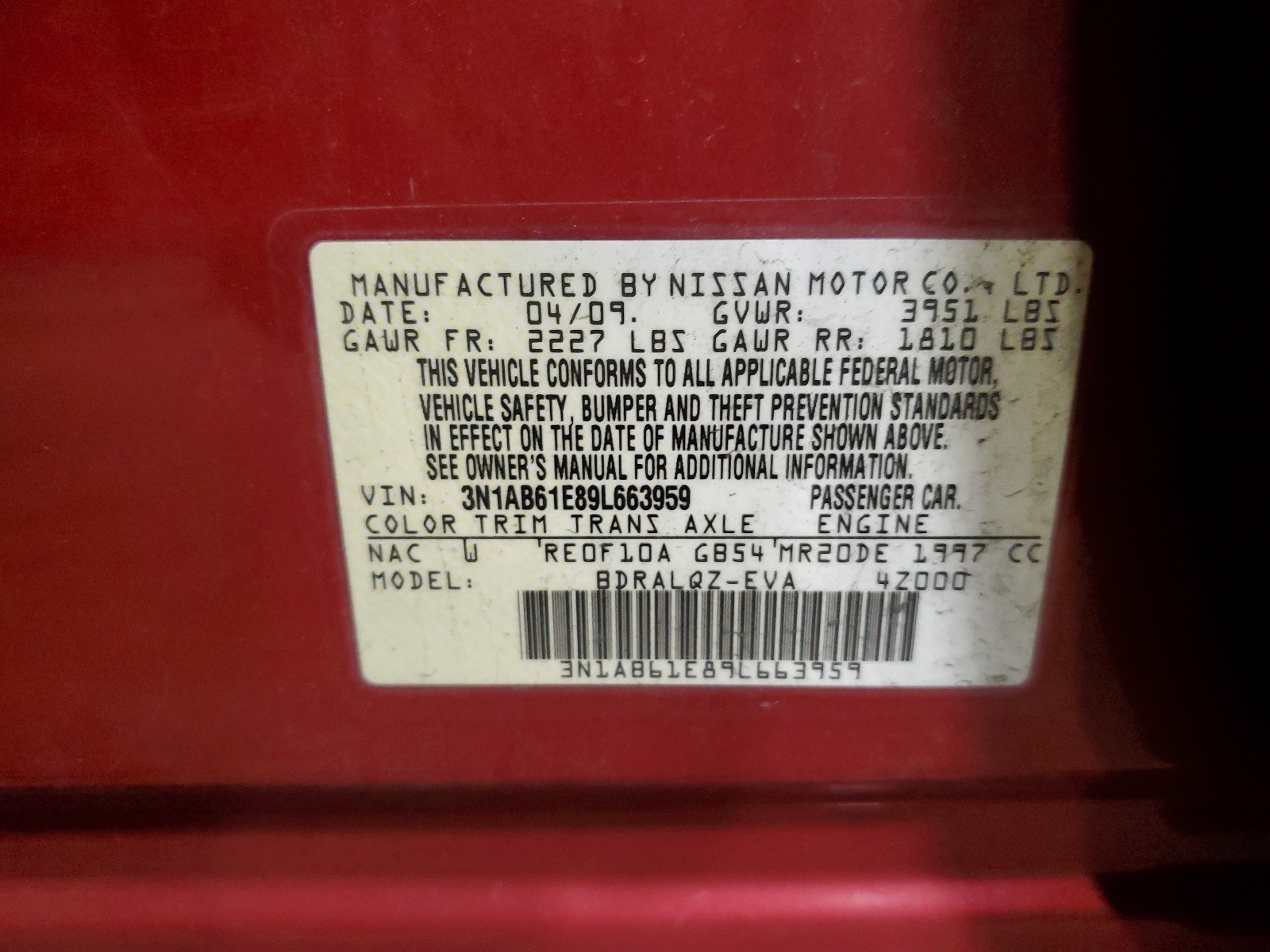 3N1AB61E89L663959 2009 Nissan Sentra 2.0