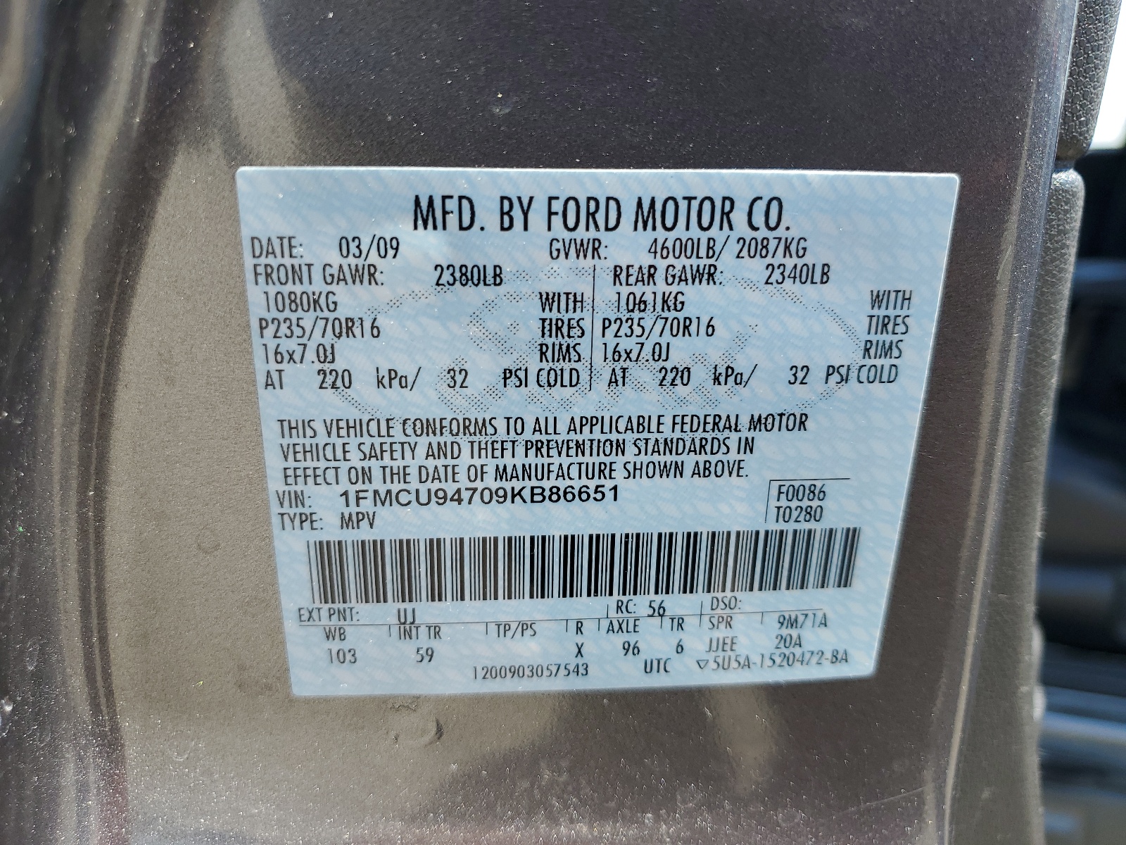 1FMCU94709KB86651 2009 Ford Escape Limited