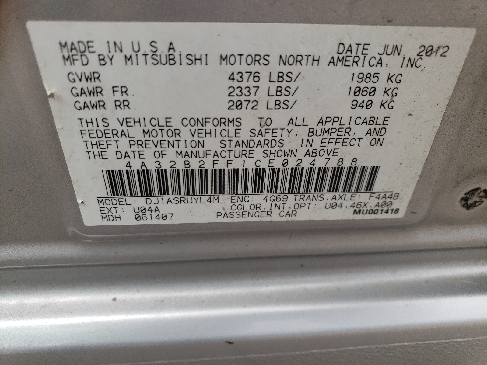 2012 Mitsubishi Galant Fe vin: 4A32B2FF1CE024788