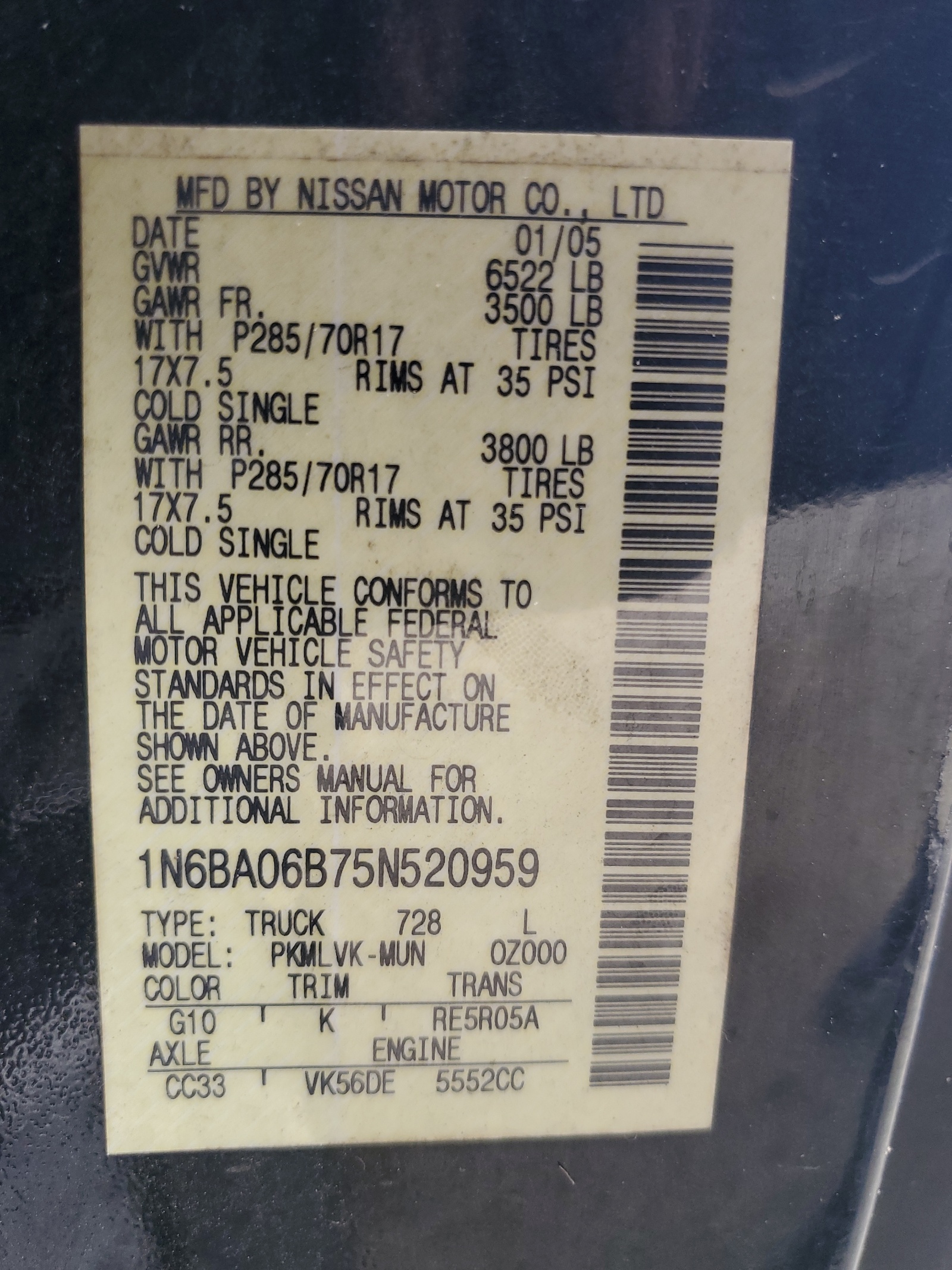 1N6BA06B75N520959 2005 Nissan Titan Xe