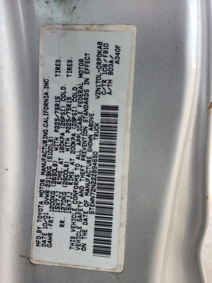 2002 Toyota Tacoma Xtracab VIN: 5TEWN72N22Z894650 Lot: 62224844