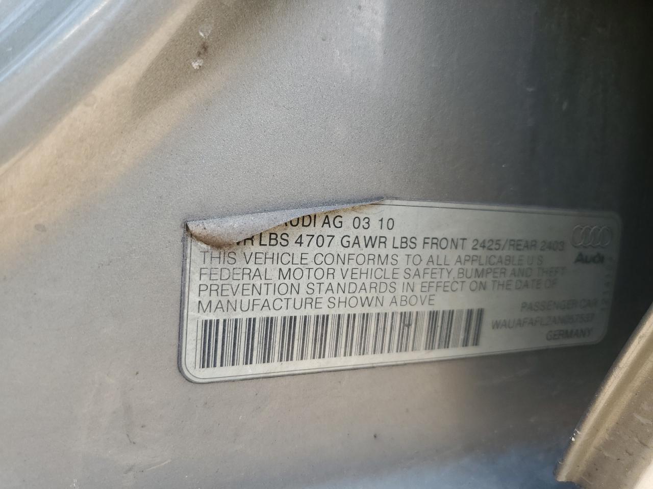 2010 Audi A4 Premium VIN: WAUAFAFL2AN057537 Lot: 64453024