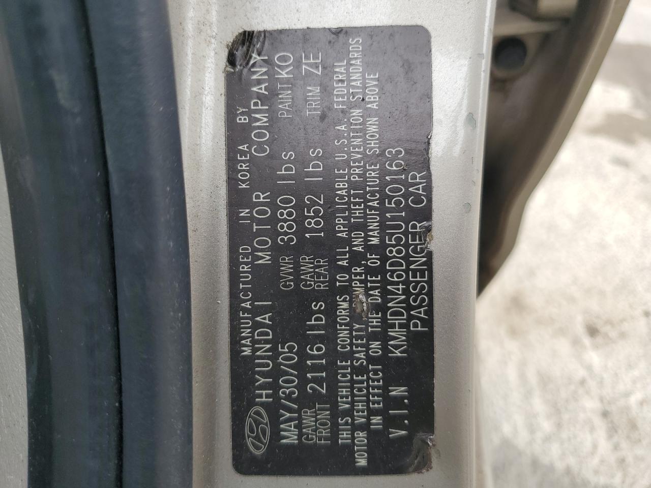 2005 Hyundai Elantra Gls VIN: KMHDN46D85U150163 Lot: 63988264