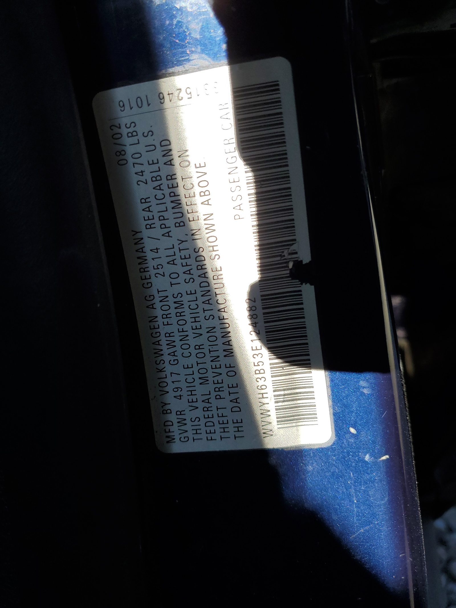 WVWYH63B53E124882 2003 Volkswagen Passat Glx 4Motion