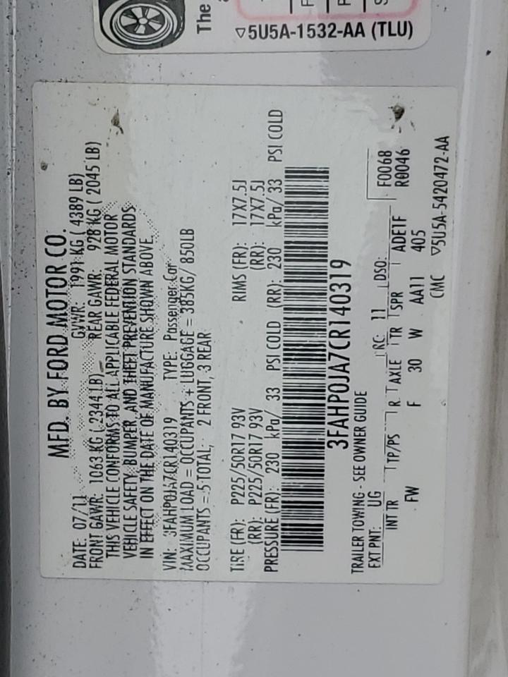 2012 Ford Fusion Sel VIN: 3FAHP0JA7CR140319 Lot: 64508374