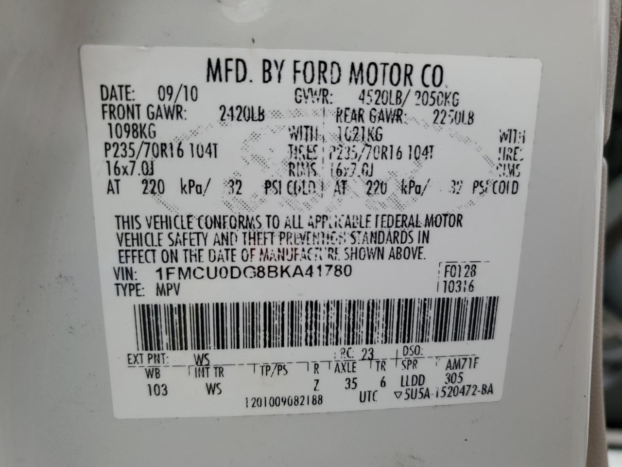 2011 Ford Escape Xlt VIN: 1FMCU0DG8BKA41780 Lot: 64697524