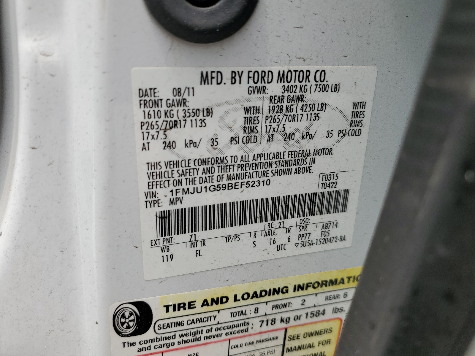 1FMJU1G59BEF52310 2011 Ford Expedition Xl