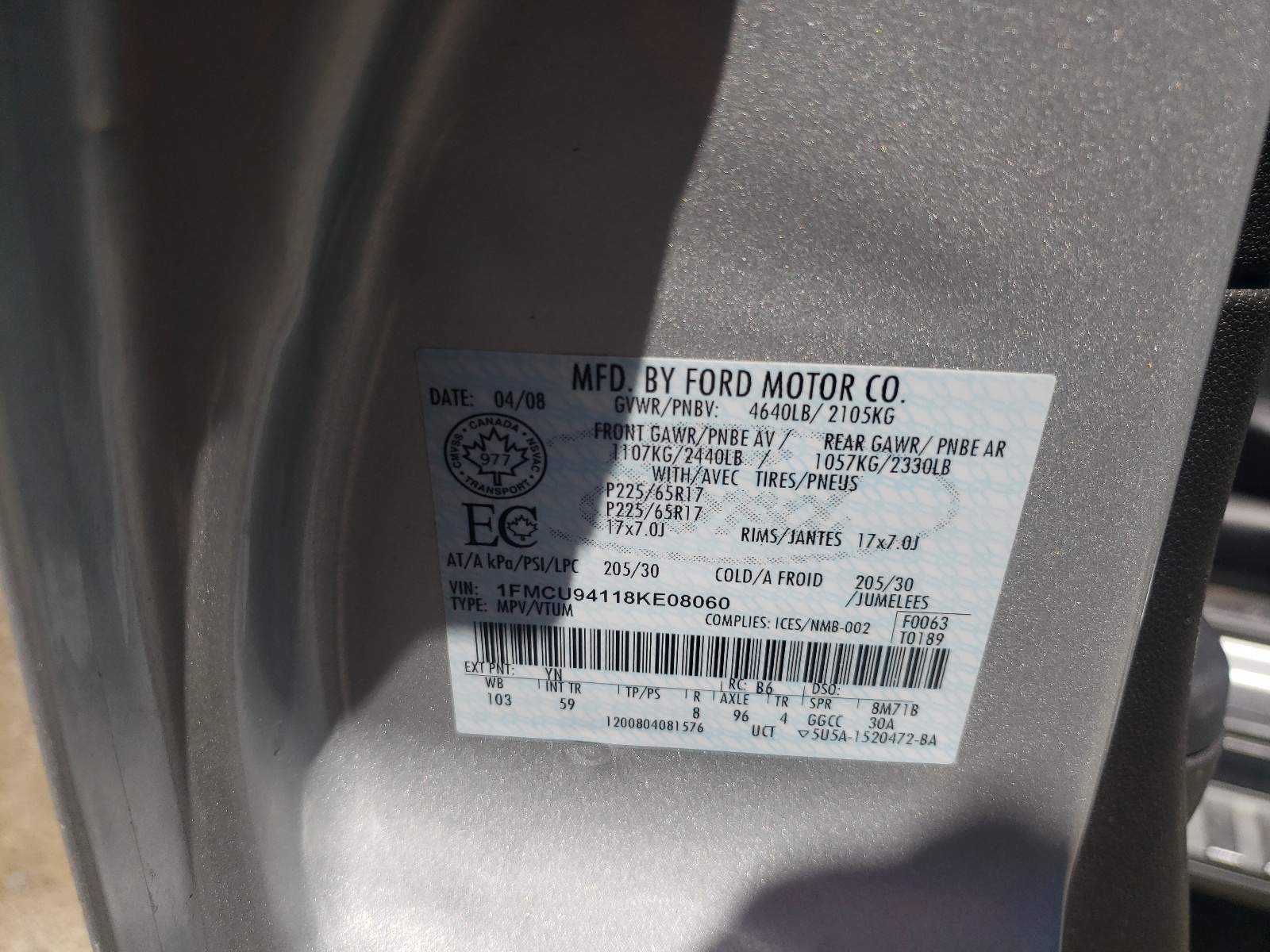 1FMCU94118KE08060 2008 Ford Escape Limited