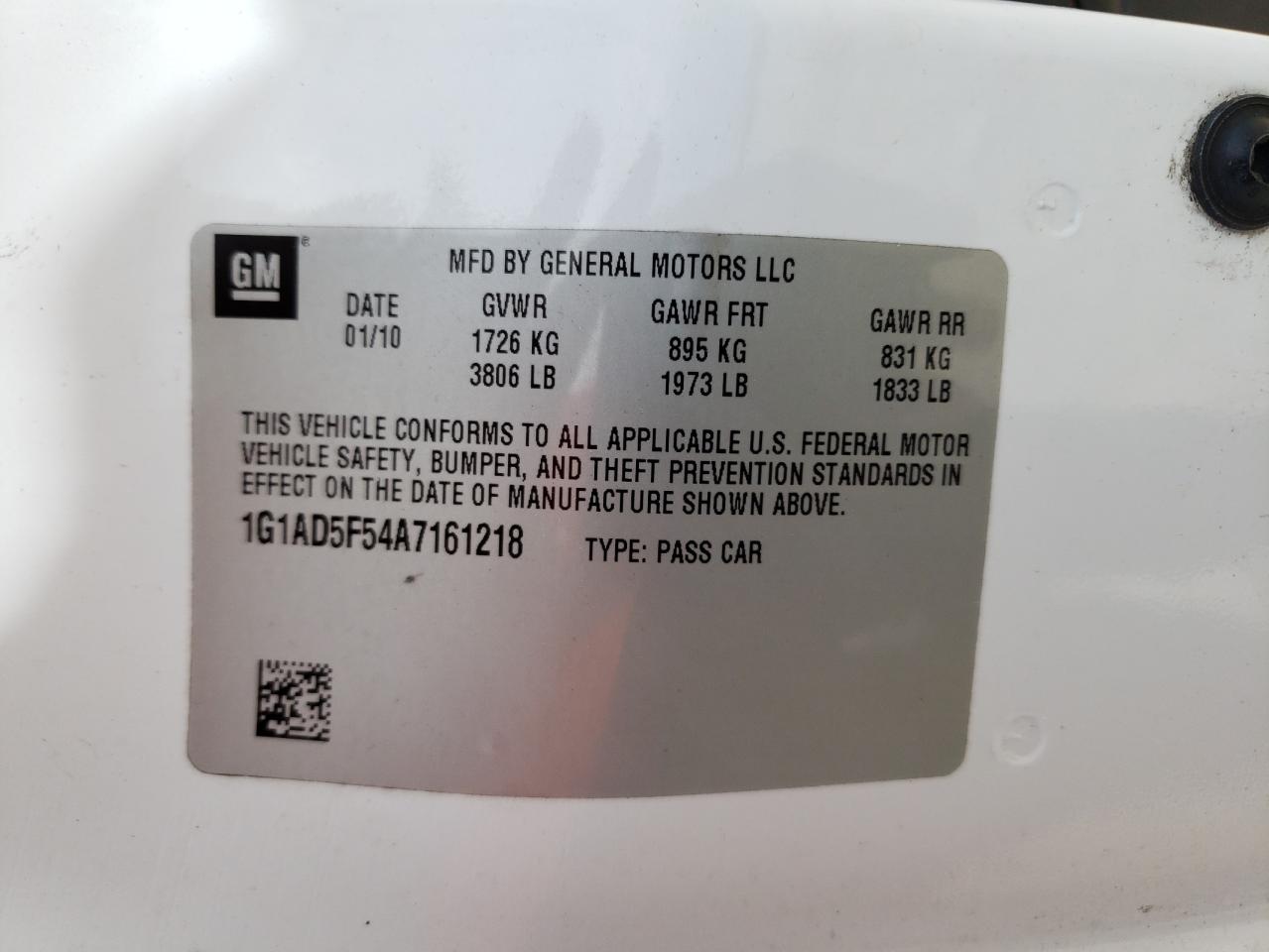 2010 Chevrolet Cobalt 1Lt VIN: 1G1AD5F54A7161218 Lot: 65338904