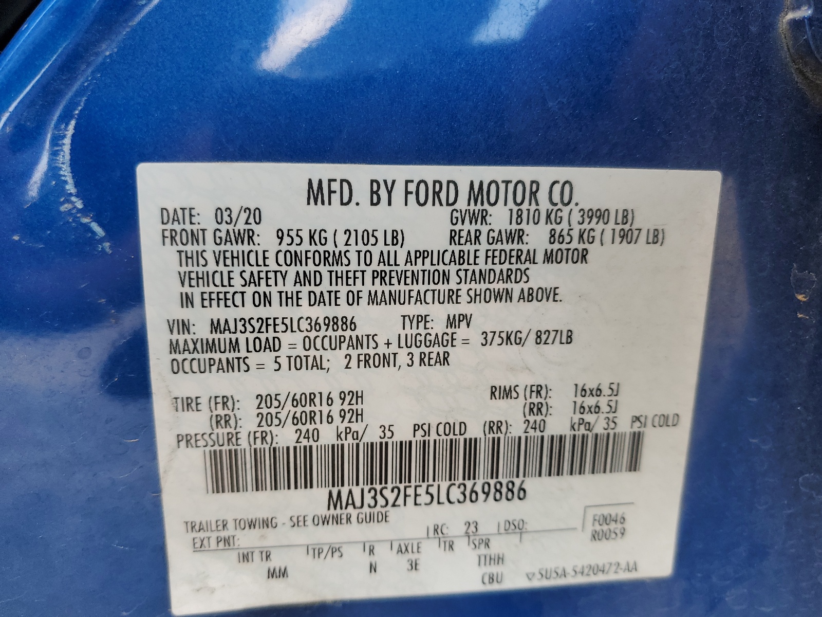 MAJ3S2FE5LC369886 2020 Ford Ecosport S