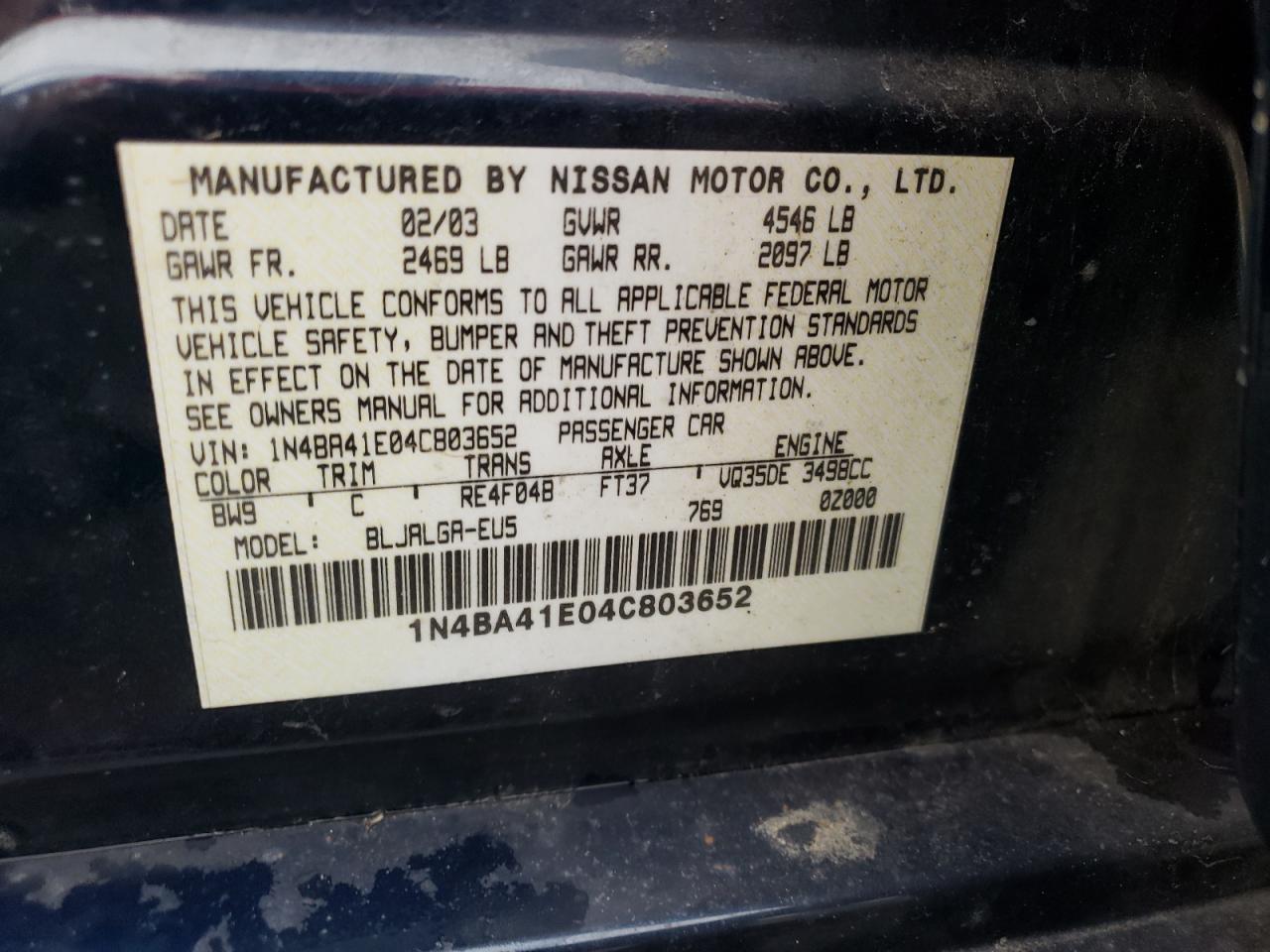 2004 Nissan Maxima Se VIN: 1N4BA41E04C803652 Lot: 63306864