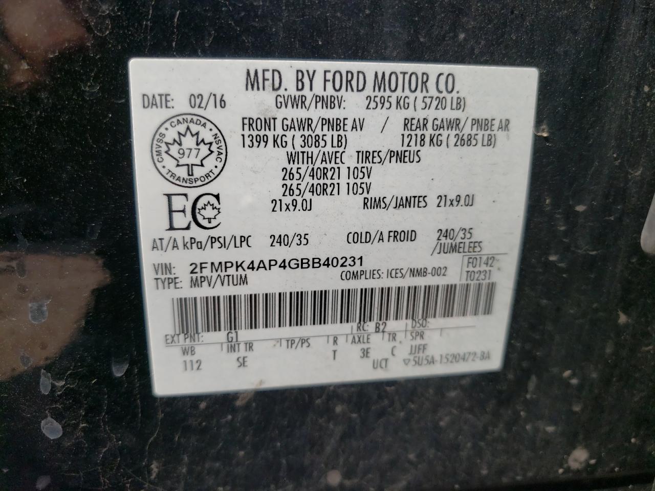 2016 Ford Edge Sport VIN: 2FMPK4AP4GBB40231 Lot: 64163774