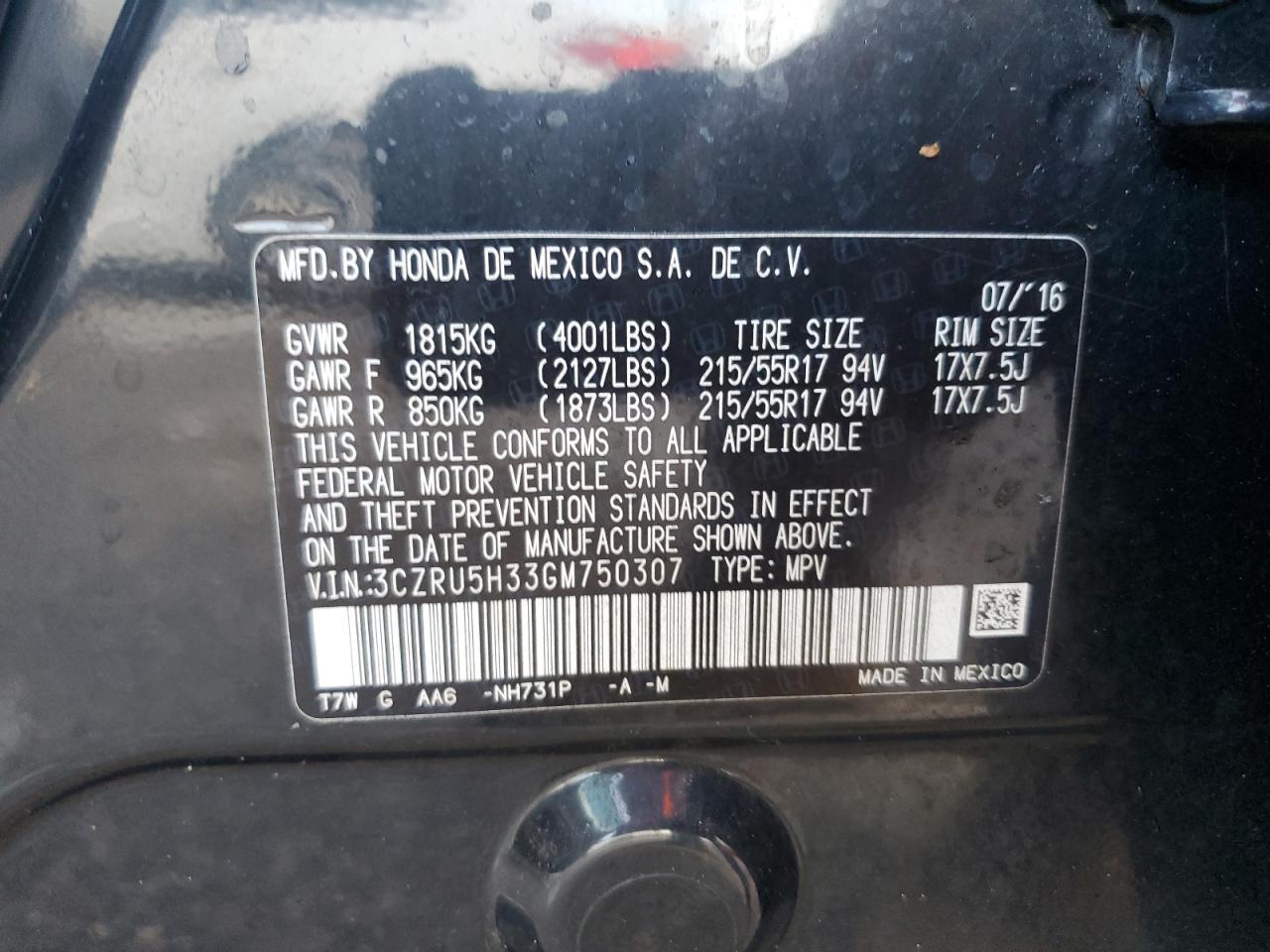 2016 Honda Hr-V Lx VIN: 3CZRU5H33GM750307 Lot: 64430054