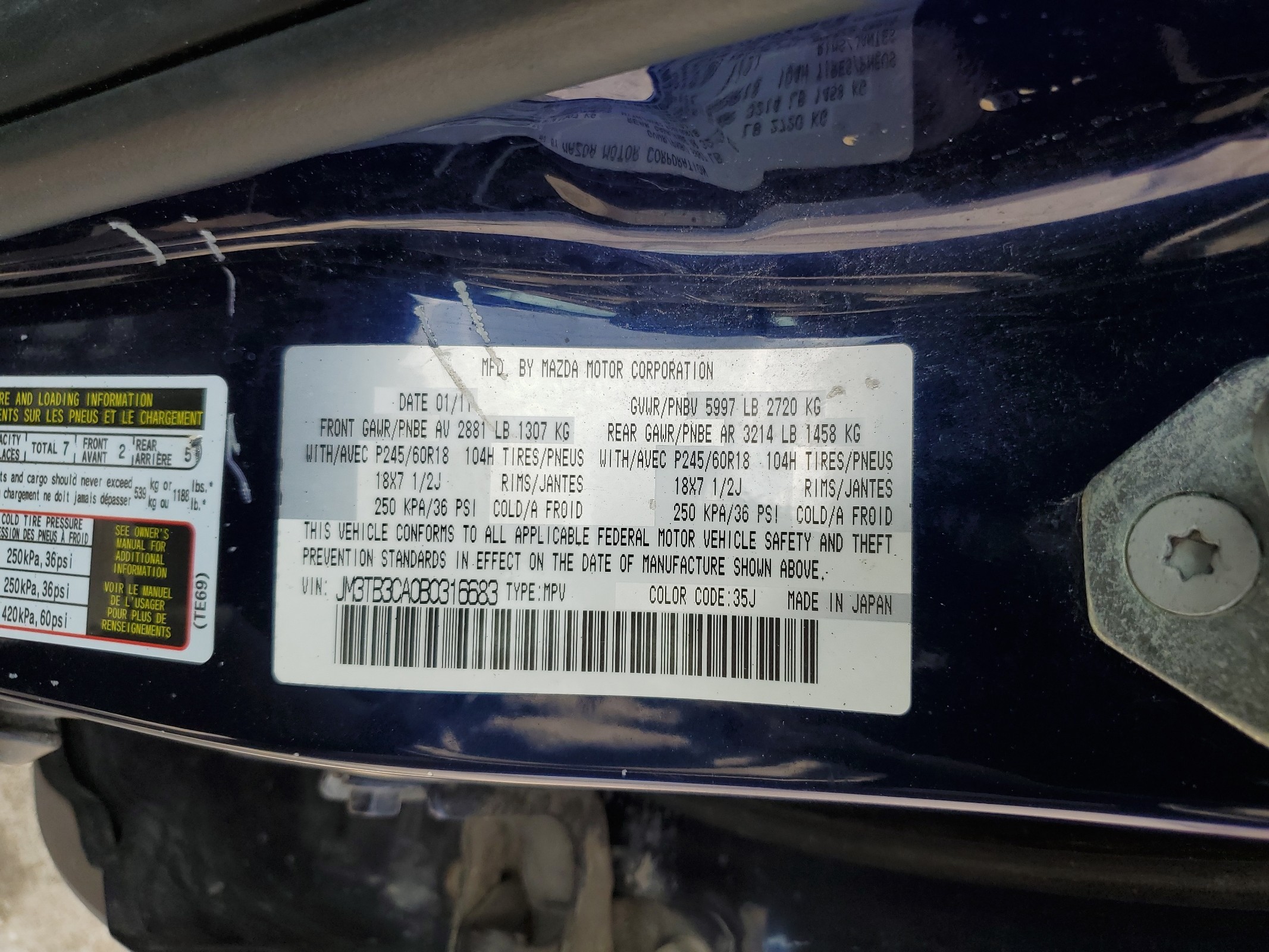 JM3TB3CA0B0316683 2011 Mazda Cx-9