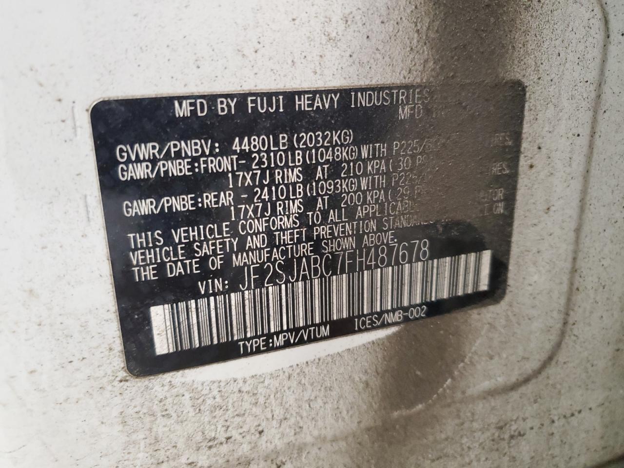 2015 Subaru Forester 2.5I VIN: JF2SJABC7FH487678 Lot: 63650984