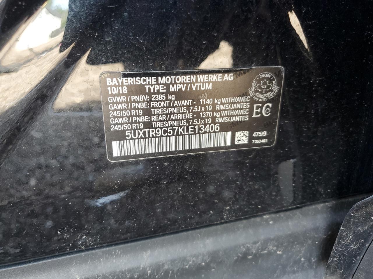 2019 BMW X3 xDrive30I VIN: 5UXTR9C57KLE13406 Lot: 62715744