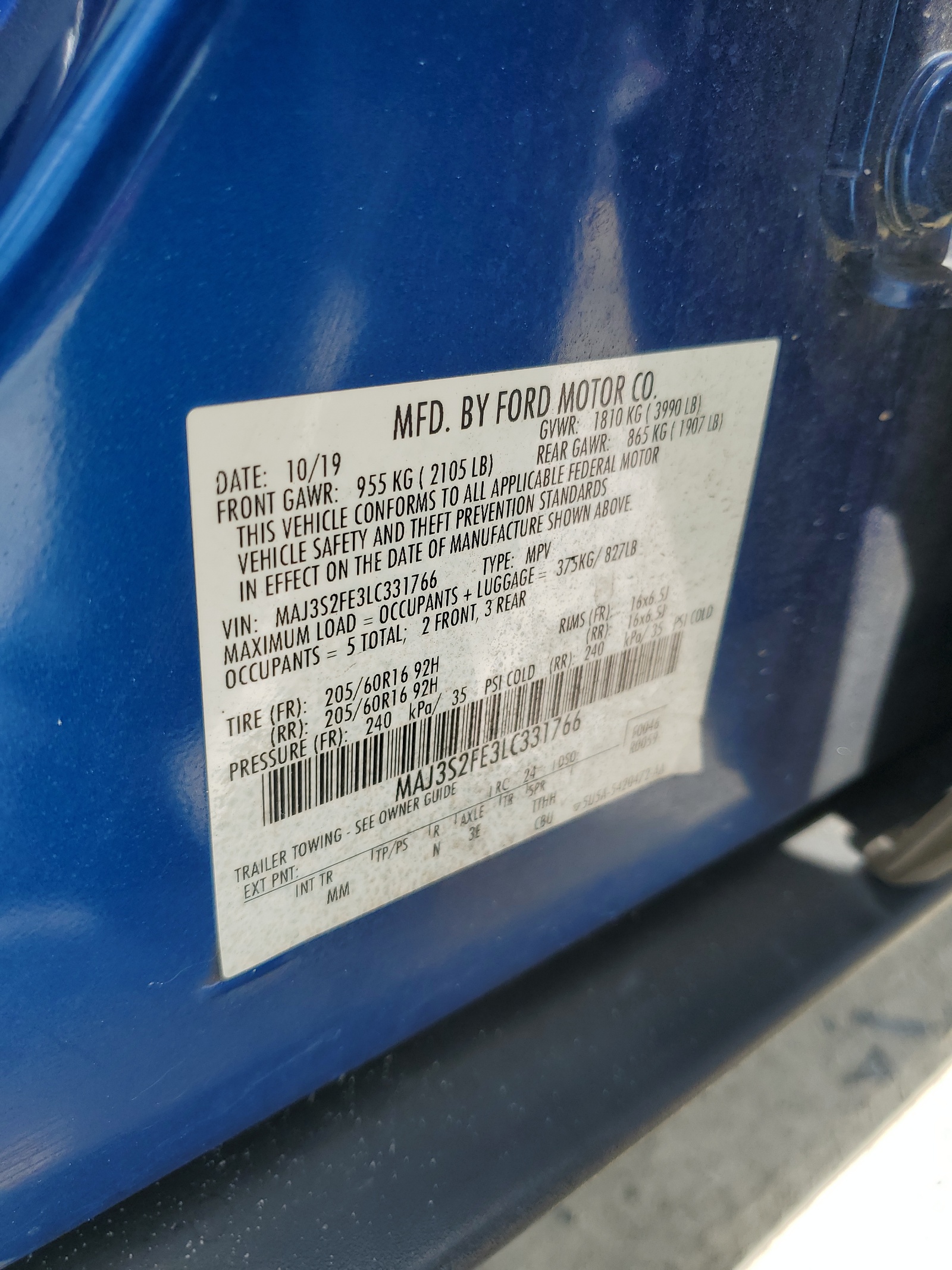 MAJ3S2FE3LC331766 2020 Ford Ecosport S