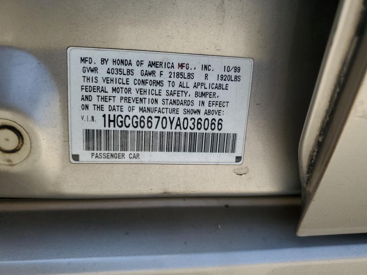 2000 Honda Accord Ex VIN: 1HGCG6670YA036066 Lot: 64355404