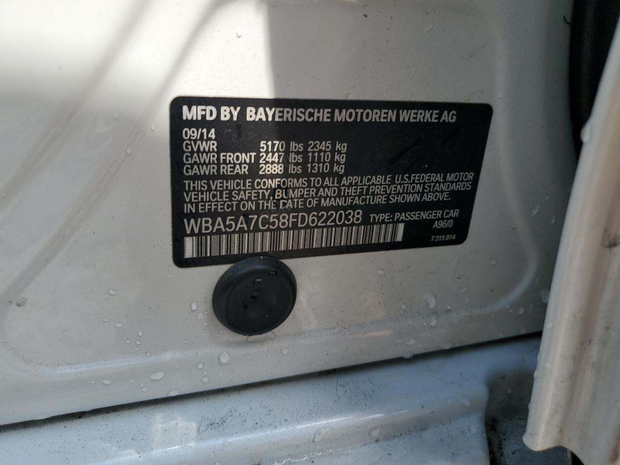 2015 BMW 528 Xi VIN: WBA5A7C58FD622038 Lot: 61932594