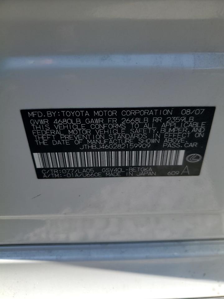 2008 Lexus Es 350 VIN: JTHBJ46G282159909 Lot: 61144124