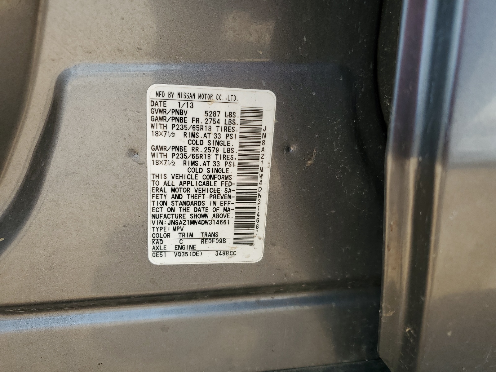 JN8AZ1MW4DW314661 2013 Nissan Murano S