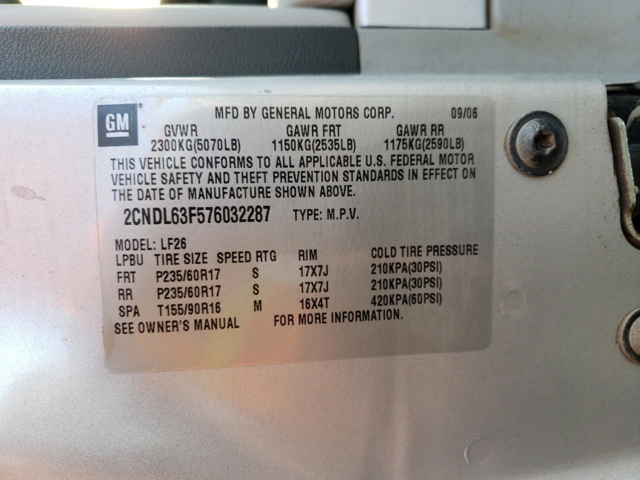 2007 Chevrolet Equinox Lt VIN: 2CNDL63F576032287 Lot: 62911174