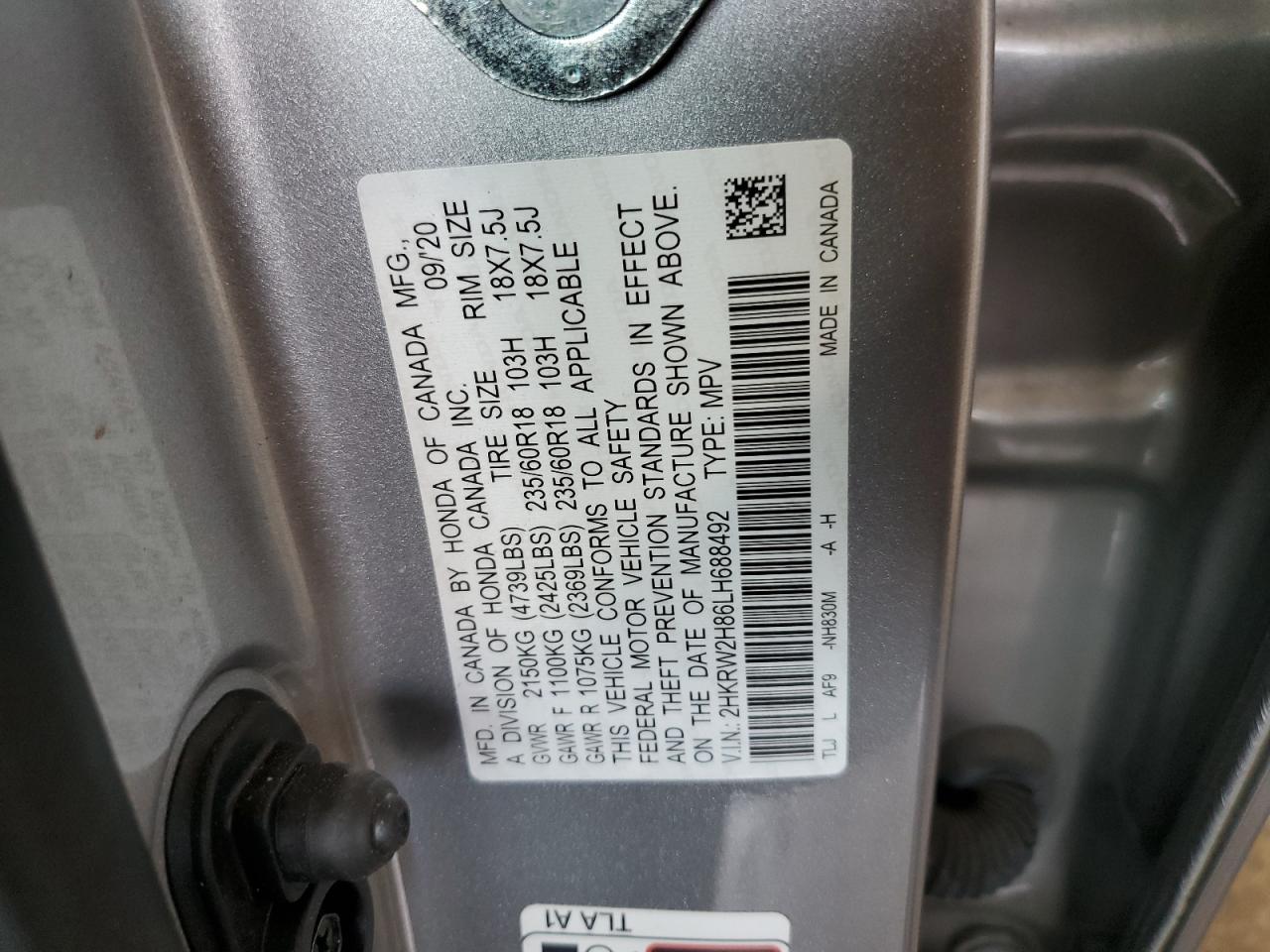 2020 Honda Cr-V Exl VIN: 2HKRW2H86LH688492 Lot: 64173434