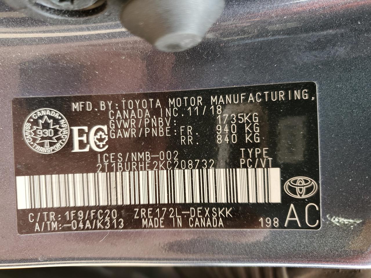 2019 Toyota Corolla L VIN: 2T1BURHE2KC208732 Lot: 64720744