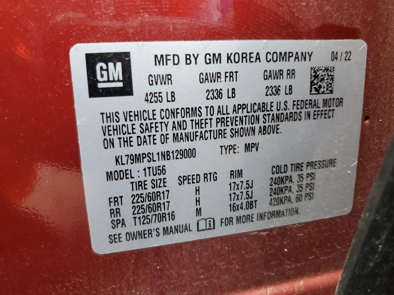 2022 Chevrolet Trailblazer Lt VIN: KL79MPSL1NB129000 Lot: 64794494