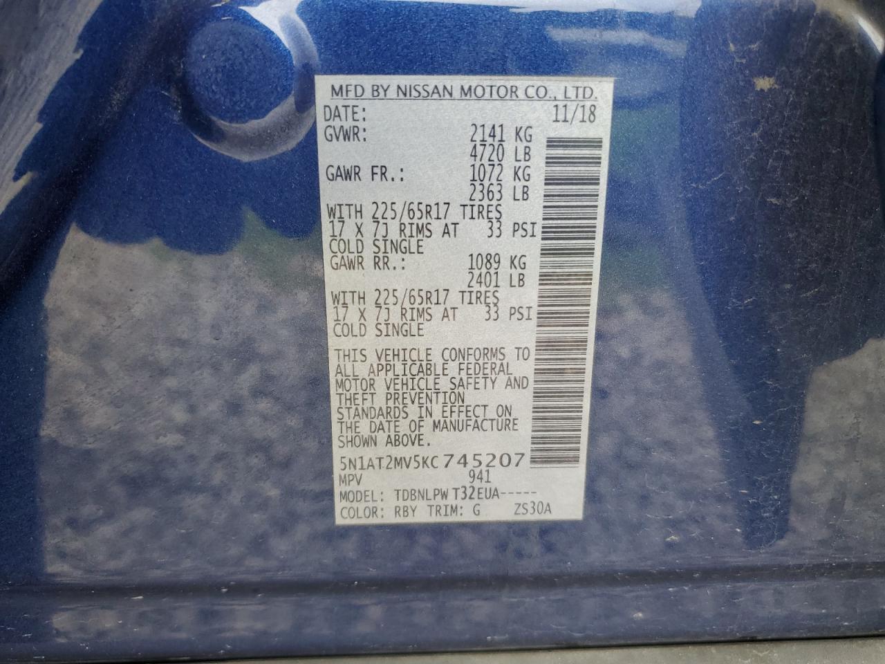 2019 Nissan Rogue S VIN: 5N1AT2MV5KC745207 Lot: 64210094