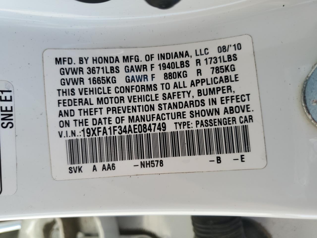 19XFA1F34AE084749 2010 Honda Civic Vp