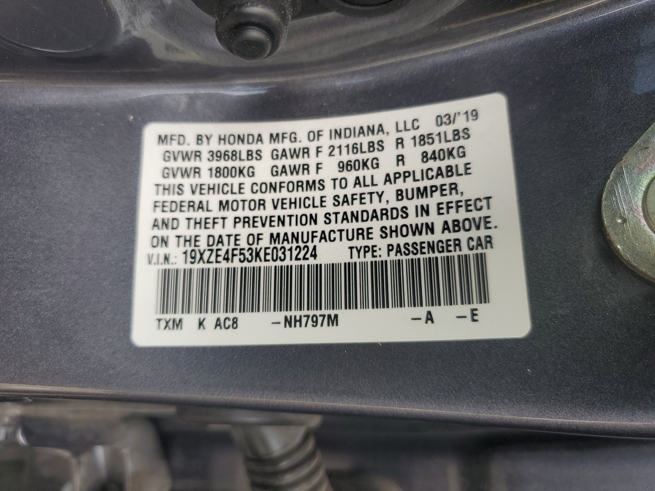 19XZE4F53KE031224 2019 Honda Insight Ex