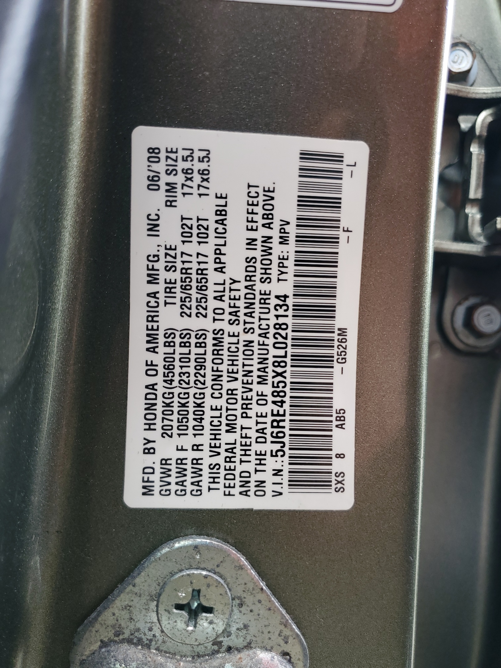 5J6RE485X8L028134 2008 Honda Cr-V Ex