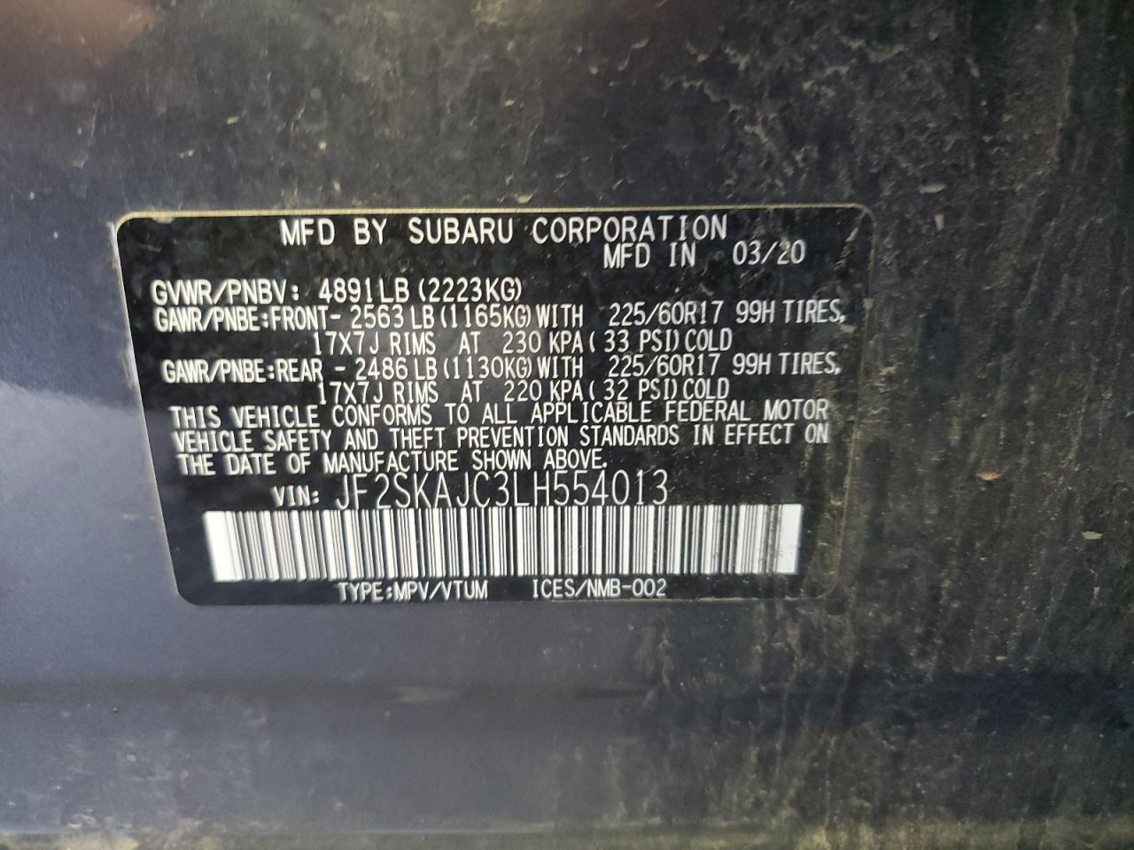 2020 Subaru Forester Premium VIN: JF2SKAJC3LH554013 Lot: 63872324