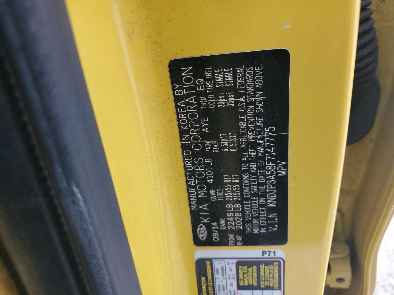 2015 Kia Soul + VIN: KNDJP3A58F7147775 Lot: 62112004