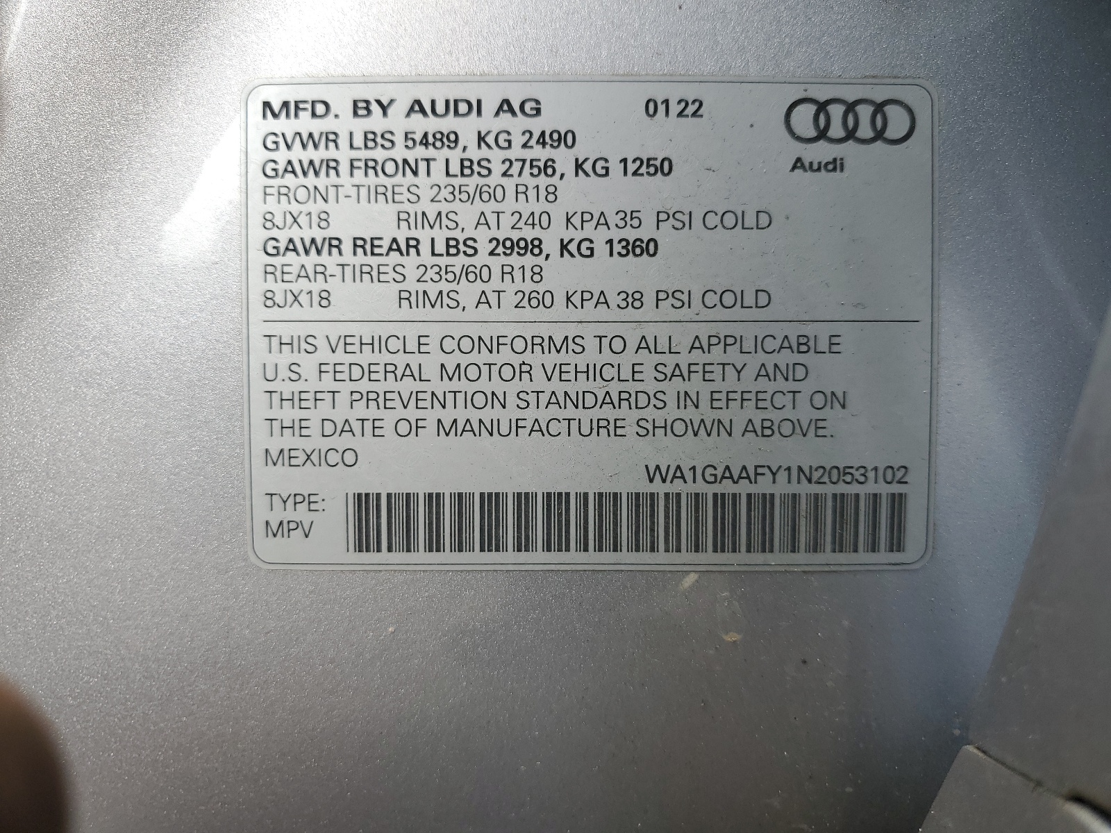 WA1GAAFY1N2053102 2022 Audi Q5 Premium 45