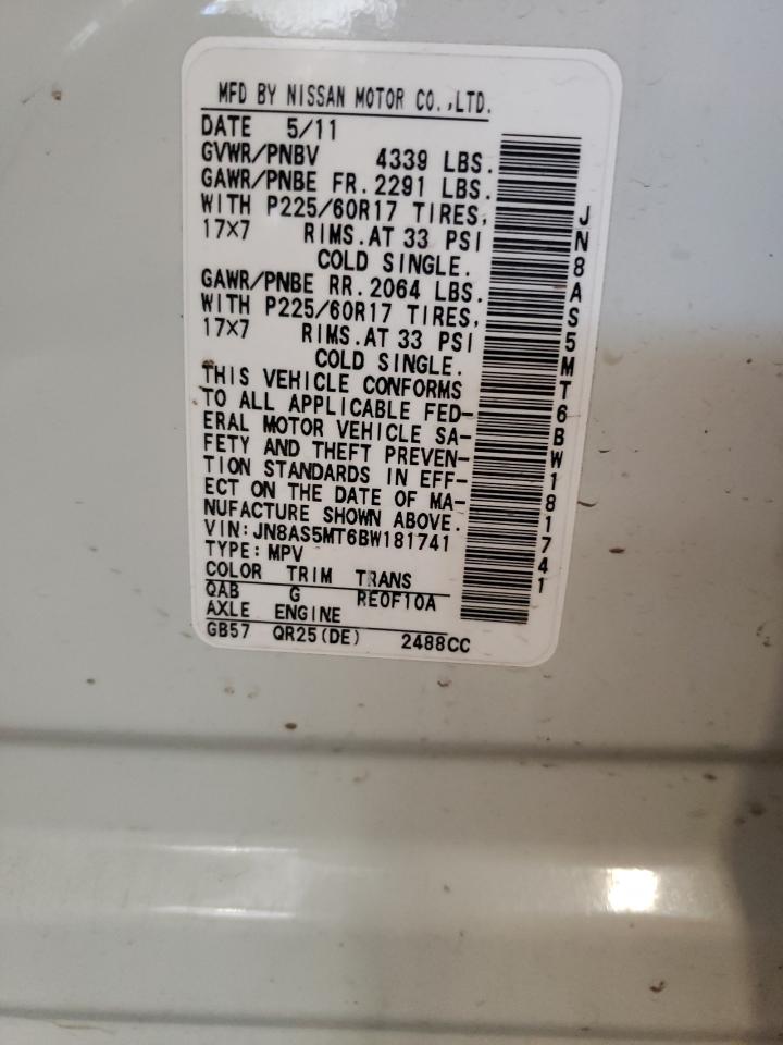 2011 Nissan Rogue S VIN: JN8AS5MT6BW181741 Lot: 62078774