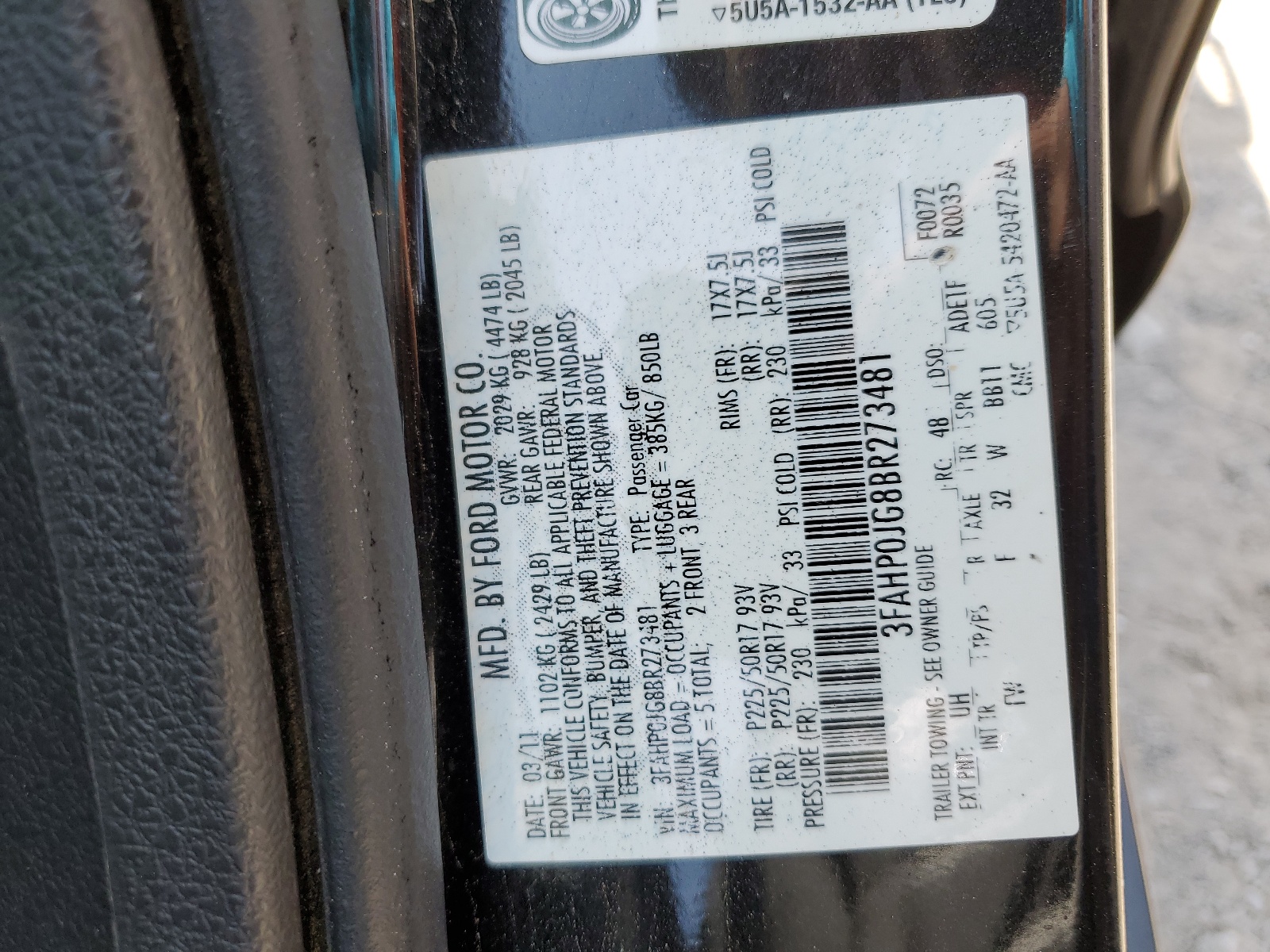 3FAHP0JG8BR273481 2011 Ford Fusion Sel