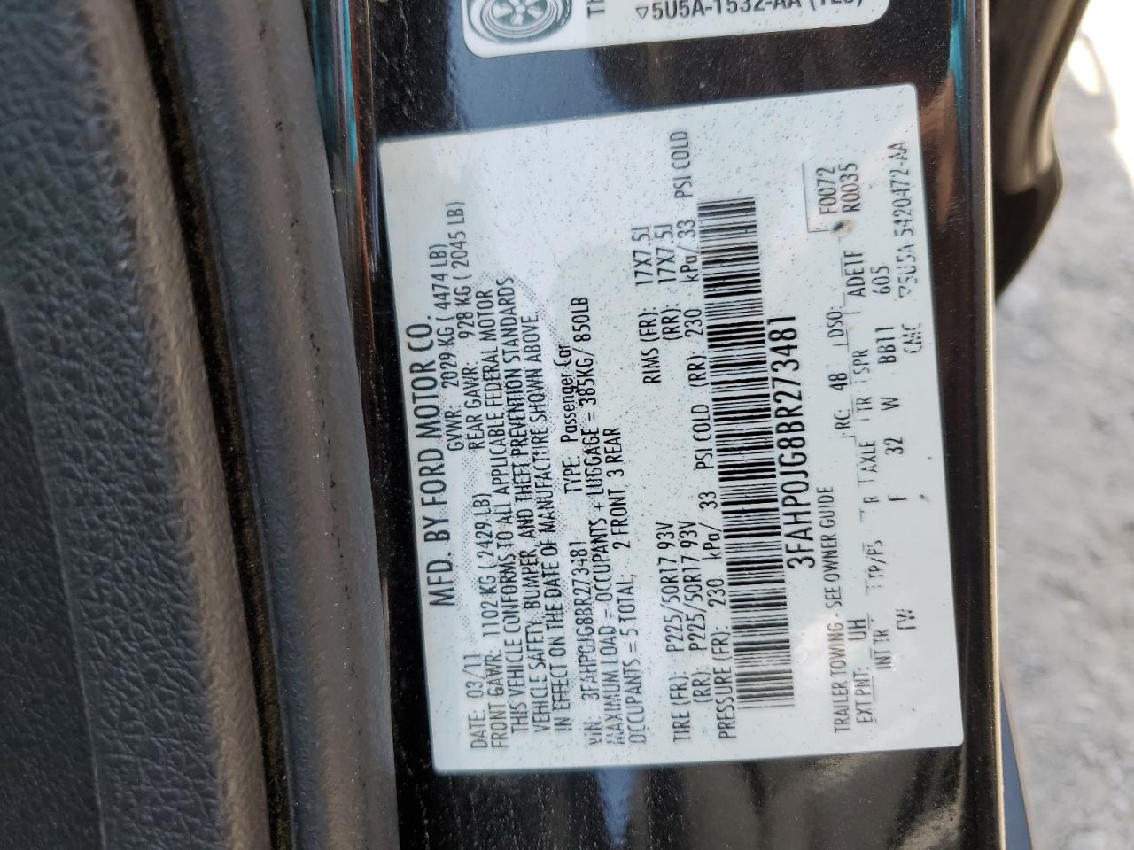 2011 Ford Fusion Sel VIN: 3FAHP0JG8BR273481 Lot: 63225214